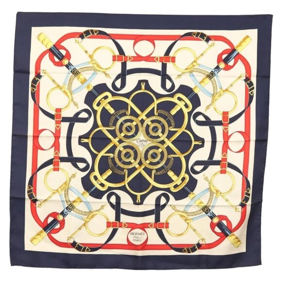 HERMES Carre 90 Scarf ""Eperon d'or"" Silk Navy Auth 142397 - Picture 1 of 16